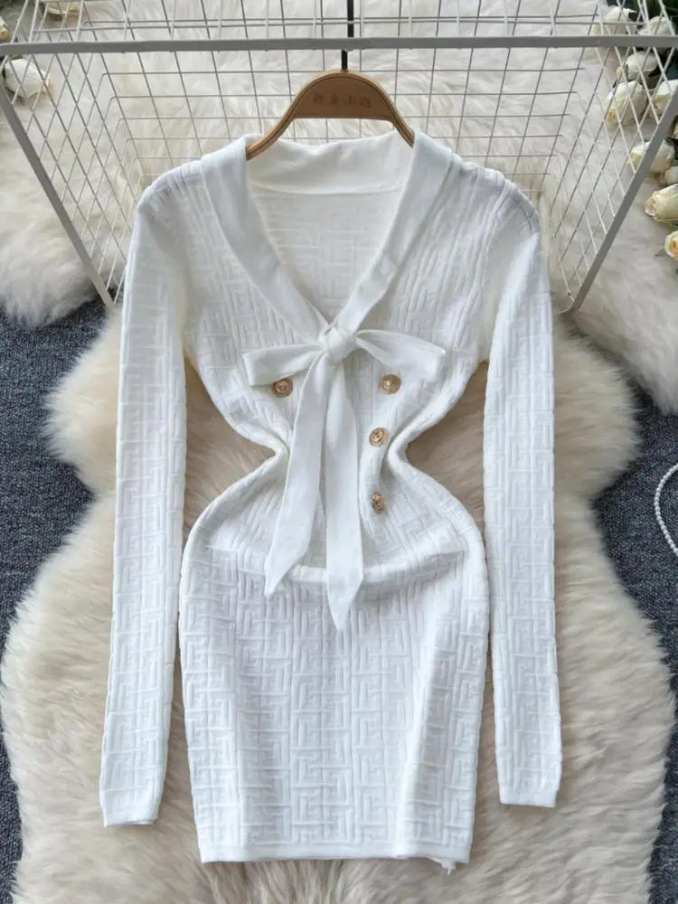 French Fashion Women Solid Elegant Button Bandage V Neck Short Dress Autumn Long Sleeves Knitted Sweater Mini Dress Trend Simple