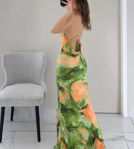 Tie Dye Slips Backless Lace Up Sexy Bodycon Maxi Dress Summer Women Fashion Y2K Clothes Birthday Party Vacation