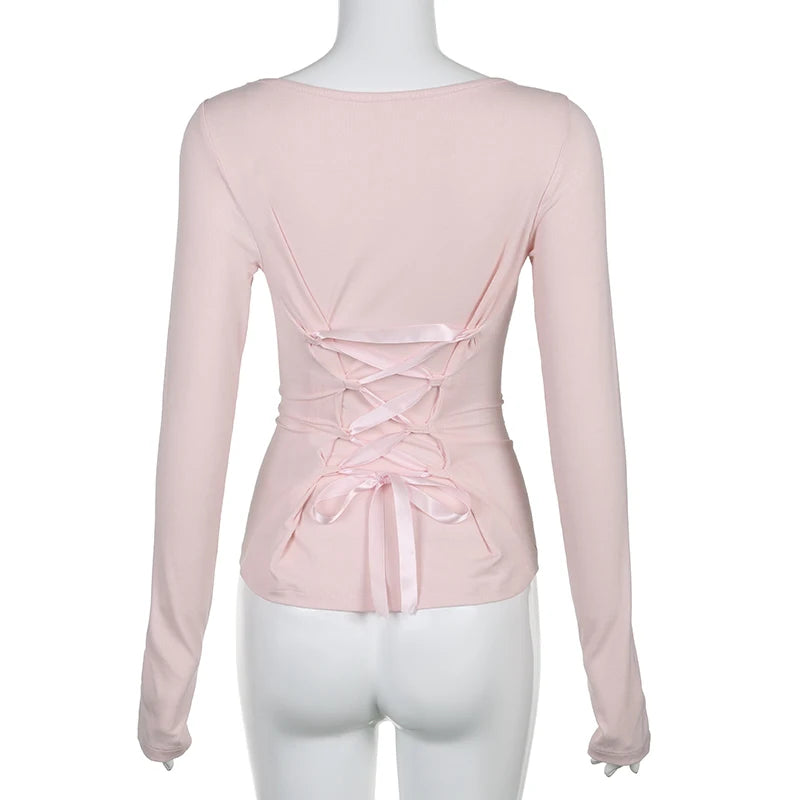 Sweet Pink Slim Autumn Tee Shirt Basic Japanese Y2K Korean Top Lace Up Cottagecore Tshirts Bandage Long Sleeve Kawaii