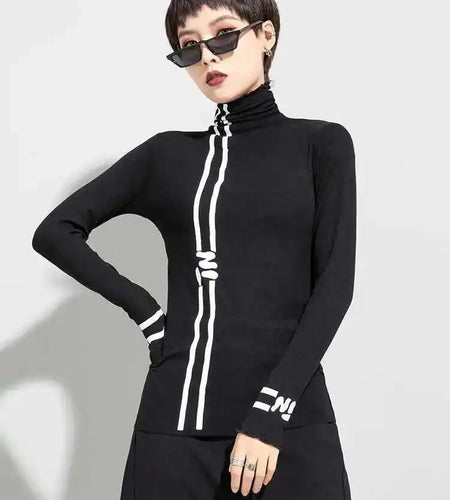 Women Black Letter  Print Slim High Elastic Casual T-shirt New Turtleneck Long Sleeve Fashion Spring Autumn 2025 1DF4651