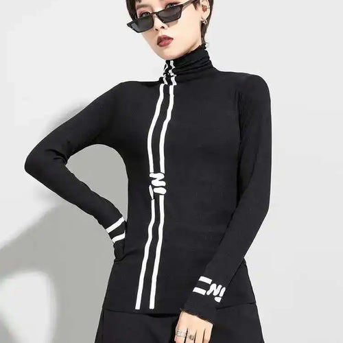 Load image into Gallery viewer, Women Black Letter  Print Slim High Elastic Casual T-shirt New Turtleneck Long Sleeve Fashion Spring Autumn 2025 1DF4651

