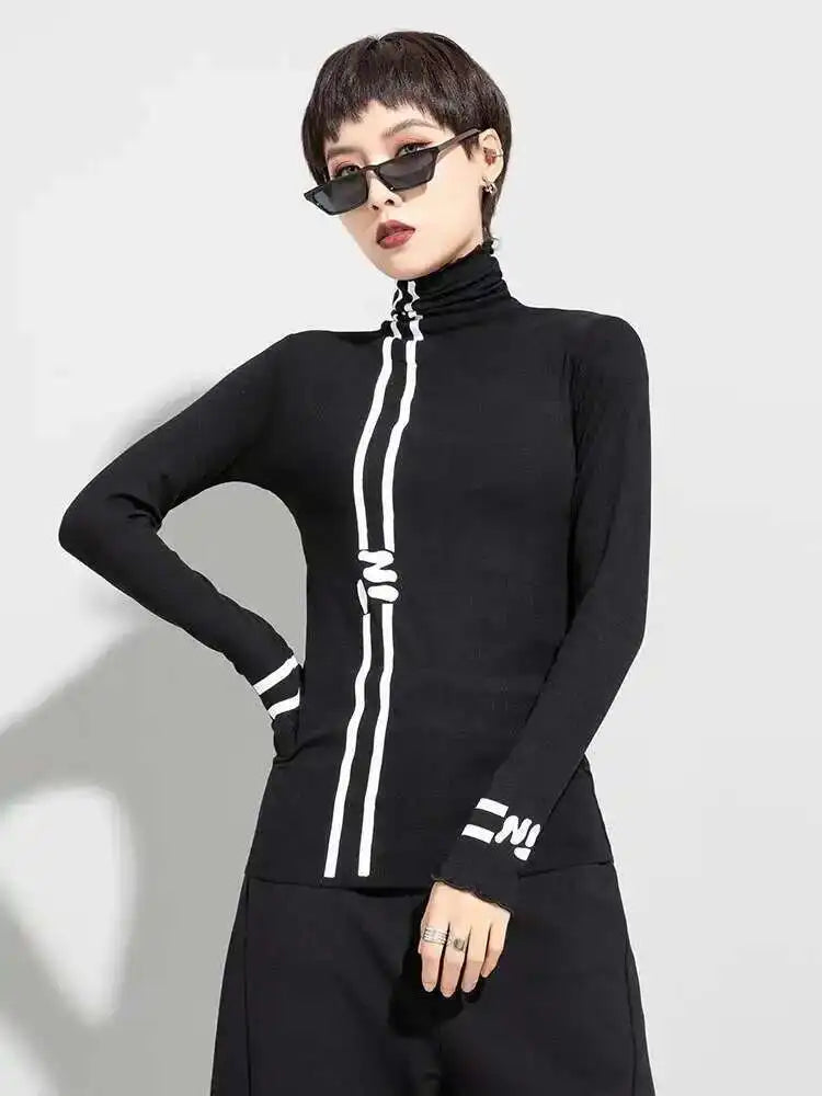 Women Black Letter  Print Slim High Elastic Casual T-shirt New Turtleneck Long Sleeve Fashion Spring Autumn 2025 1DF4651