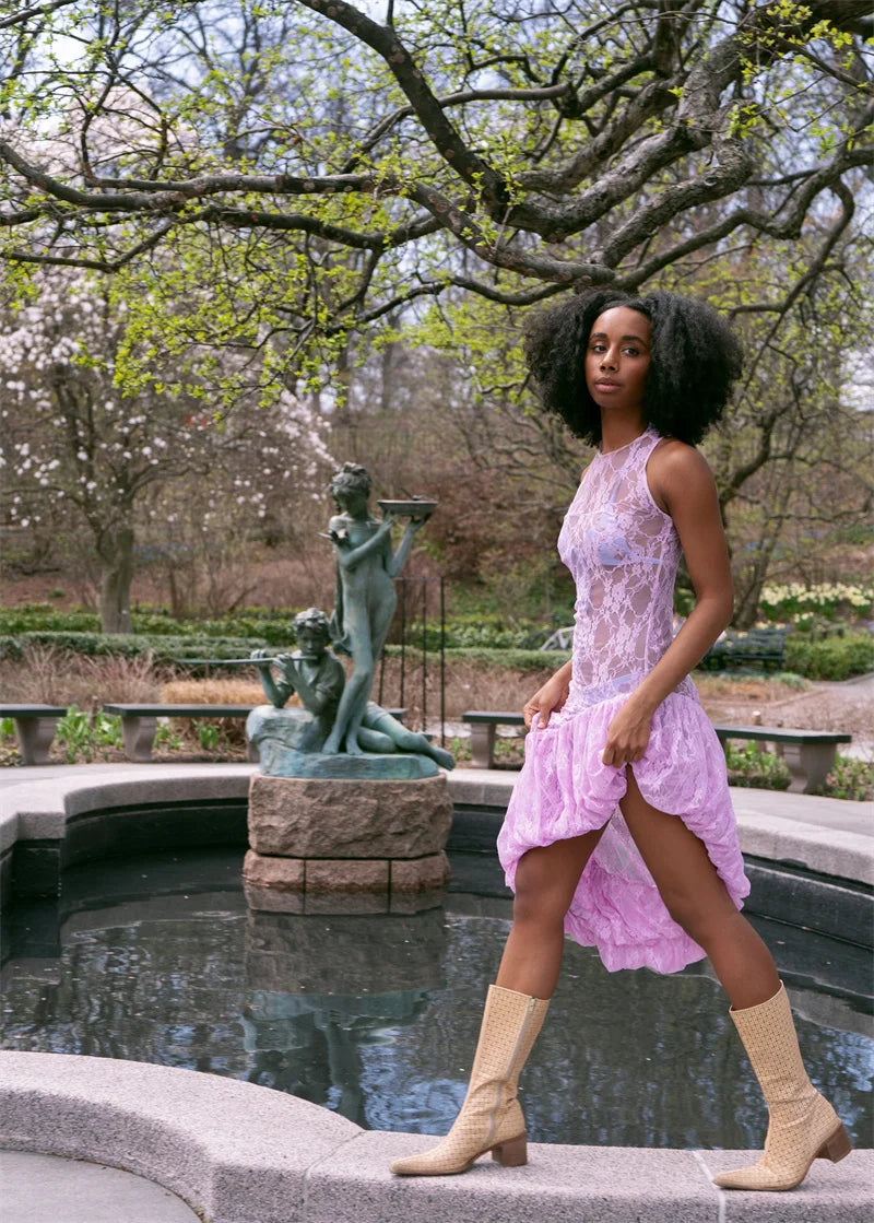 Lace See Through Ruffle Sexy Midi Dress Women Gown Summer Fashion High Waist Slim Thigh High Split Elegant Long Dress