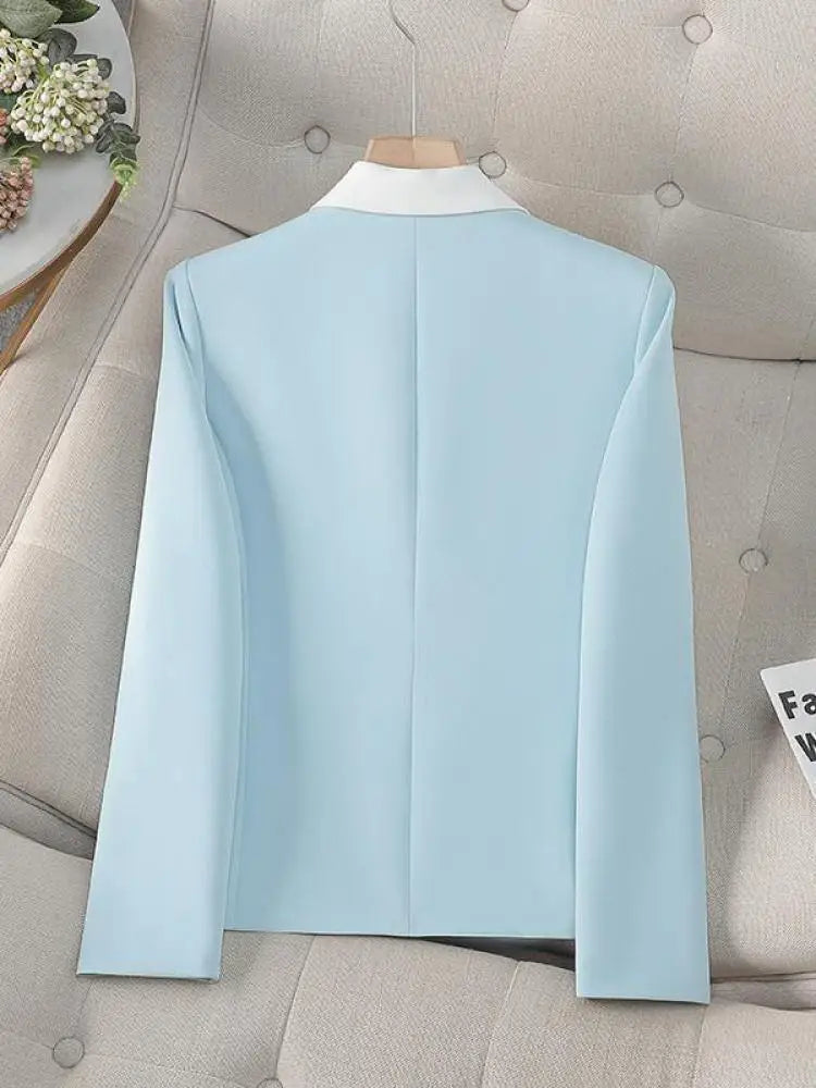 Spring Autumn Blue White Patchwork Office Festival Short Blazer Jackets 2025 Vintage Elegant Ladies Double Breasted Tops Popular