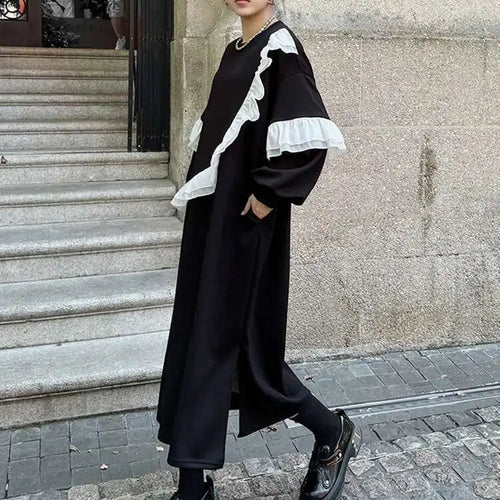 Load image into Gallery viewer, Women Black Ruffles Spliced Big Size Long Casual Dress New Round Neck Long Sleeve Fashion Tide Spring Autumn 2025 1DH7701
