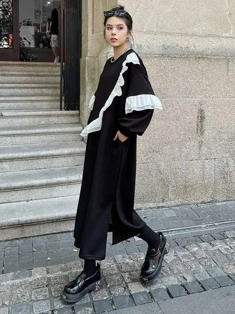 Women Black Ruffles Spliced Big Size Long Casual Dress New Round Neck Long Sleeve Fashion Tide Spring Autumn 2025 1DH7701