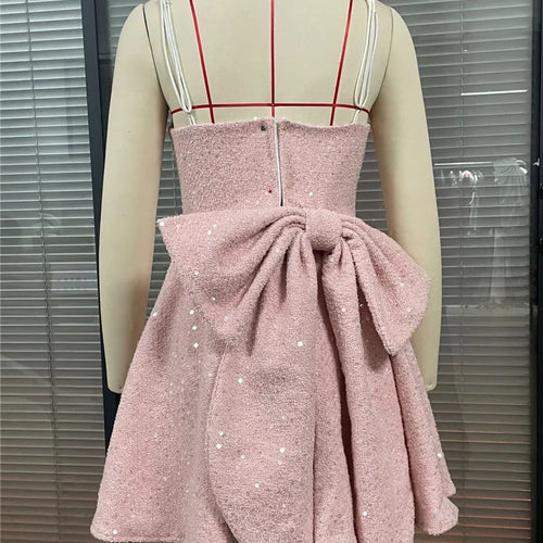 Load image into Gallery viewer, Sequins Bow Backless Sexy Mini Dress For Women Robe Fashion Square Collar Sleeveless High Waist A-line Club Dress
