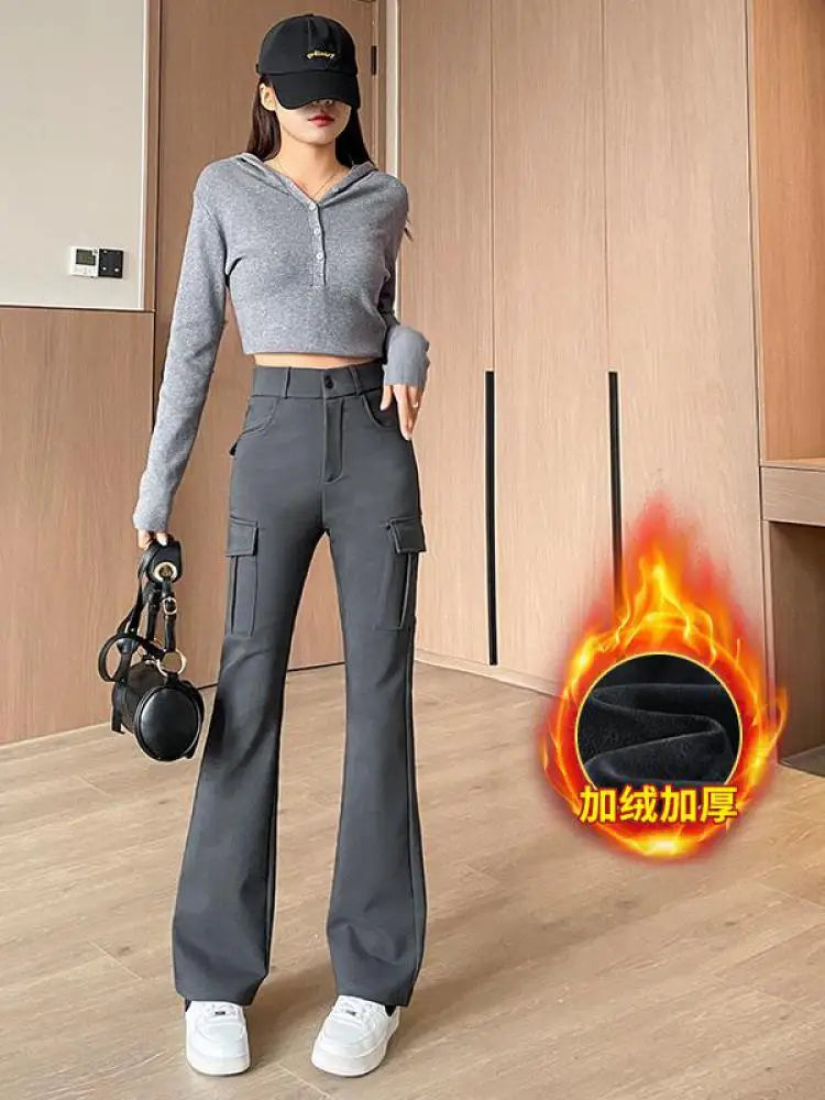 Winter New Women Black Velvet High Waist Pant Grey Office Ladies Korean Fashion Work Trousers Casual New 2024 Simplicity Popular