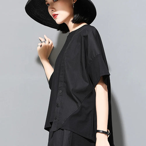 Load image into Gallery viewer, Women Black Pocket Irregular Spliced Big Size T-shirt New Round Neck Short Sleeve Fashion Tide Spring Summer 2025 1DJ1740
