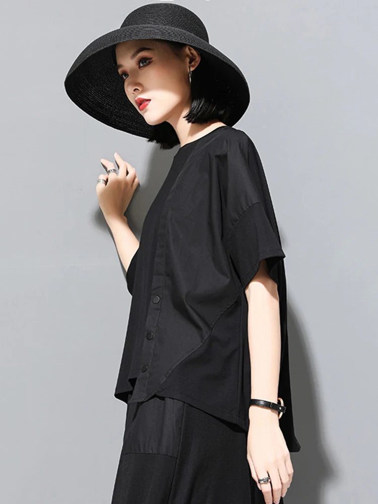 Women Black Pocket Irregular Spliced Big Size T-shirt New Round Neck Short Sleeve Fashion Tide Spring Summer 2025 1DJ1740