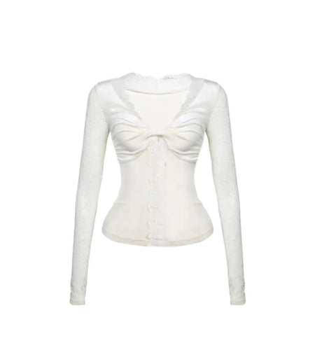 Sexy Woman T Shirts Deep V-neck Slim Fit Tees 2024 Women Clothing Patchwork Lace Temperament Camisetas Fashion Korean T-shirt