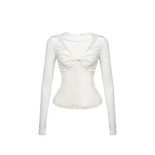 Load image into Gallery viewer, Sexy Woman T Shirts Deep V-neck Slim Fit Tees 2024 Women Clothing Patchwork Lace Temperament Camisetas Fashion Korean T-shirt
