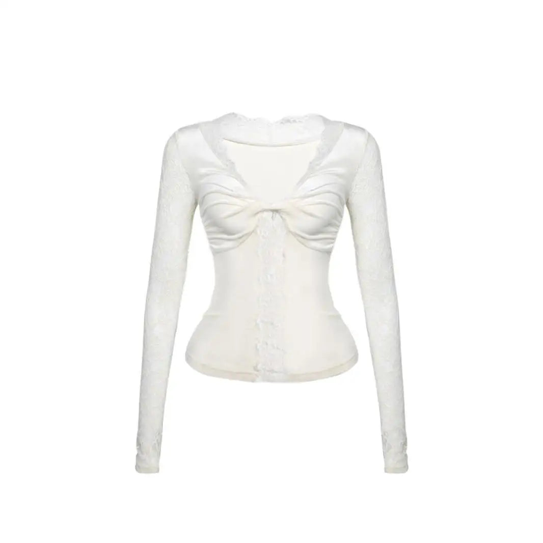 Sexy Woman T Shirts Deep V-neck Slim Fit Tees 2024 Women Clothing Patchwork Lace Temperament Camisetas Fashion Korean T-shirt