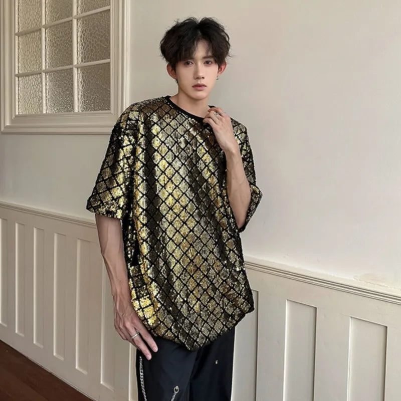 Stylish Men's T-shirts Loose Round Neck Short Sleeve Sequins Design Pullover Male Tops Summer Men Trend 2024 9C6102