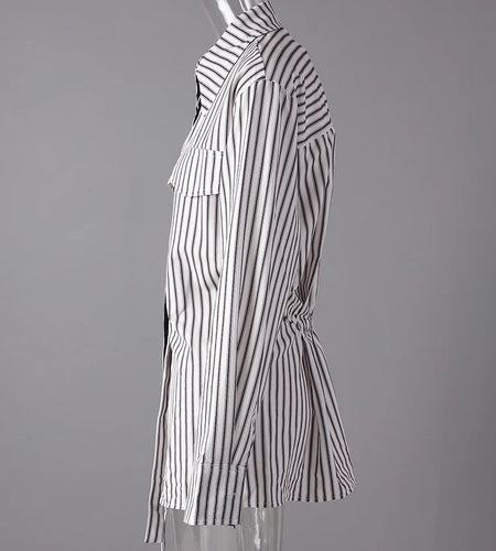 Women Striped Ribbons Irregular Elegant Blouse New Lapel Long Sleeve Shirt Fashion Tide Spring Autumn 2025 7AB8416