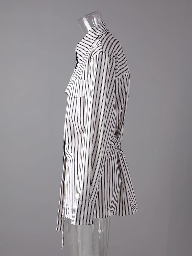 Women Striped Ribbons Irregular Elegant Blouse New Lapel Long Sleeve Shirt Fashion Tide Spring Autumn 2025 7AB8416