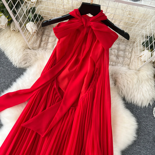 Load image into Gallery viewer, Red Loose Halter Bandage Long Dresses French Elegant Women's Summer Vacation Dress Off Shoulder Sleeveless Pleated Sundress Chic
