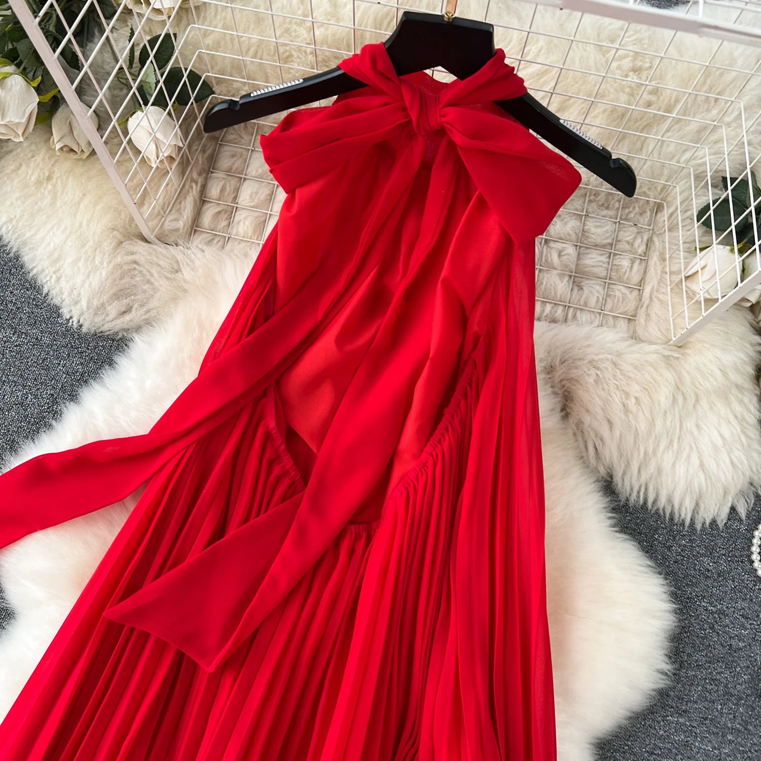Red Loose Halter Bandage Long Dresses French Elegant Women's Summer Vacation Dress Off Shoulder Sleeveless Pleated Sundress Chic