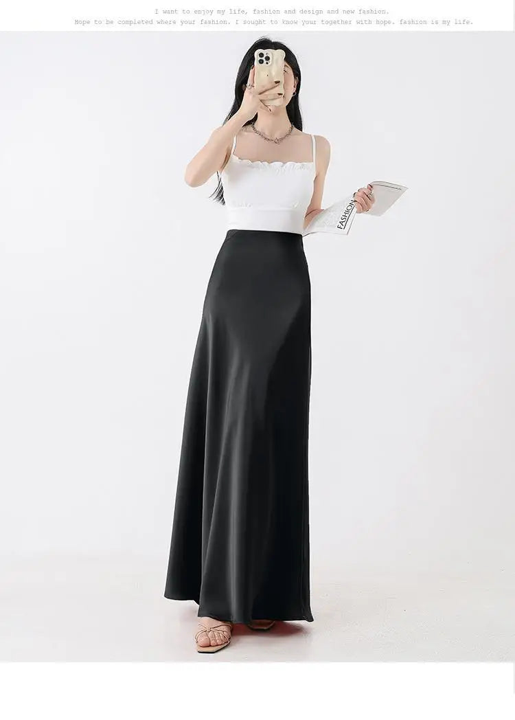 Korean Black Beige A-line Pleated Long Skirt Spring Summer Women 2024 Streetwear Pink High Waist Elegant Wrapped Hip Skirt Trend