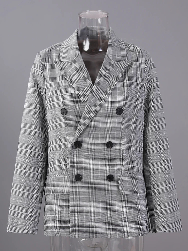 Women Plaid Double Breasted Back Pleated Elegant Blazer New Lapel Long Sleeve Jacket Fashion Spring Autumn 2025 3WM2547
