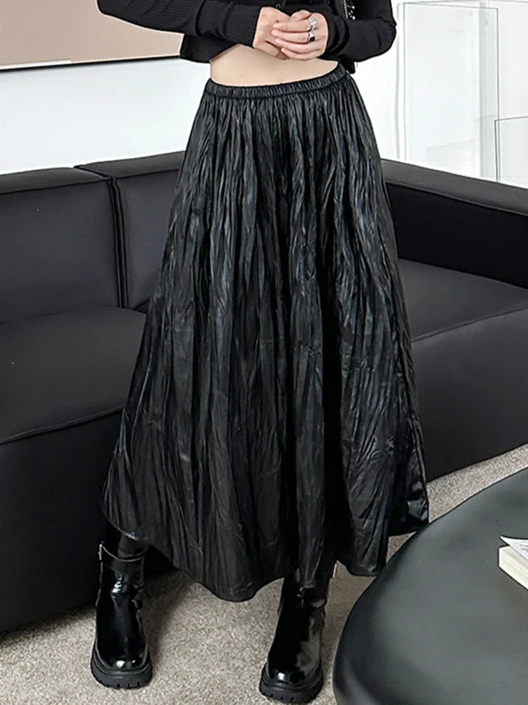 Solid Minimalist Temperament Patchwork Leather Skirts For Women High Waist Elegant Skirt Female Fashion Clothing
