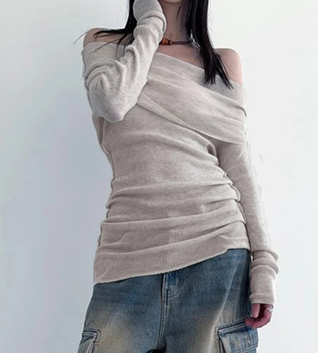 Casual Slash Neck Stitch Female T-shirt Off Shoulder Top Slim Folds Basic Korean Tee Long Sleeve Pullovers Japanese