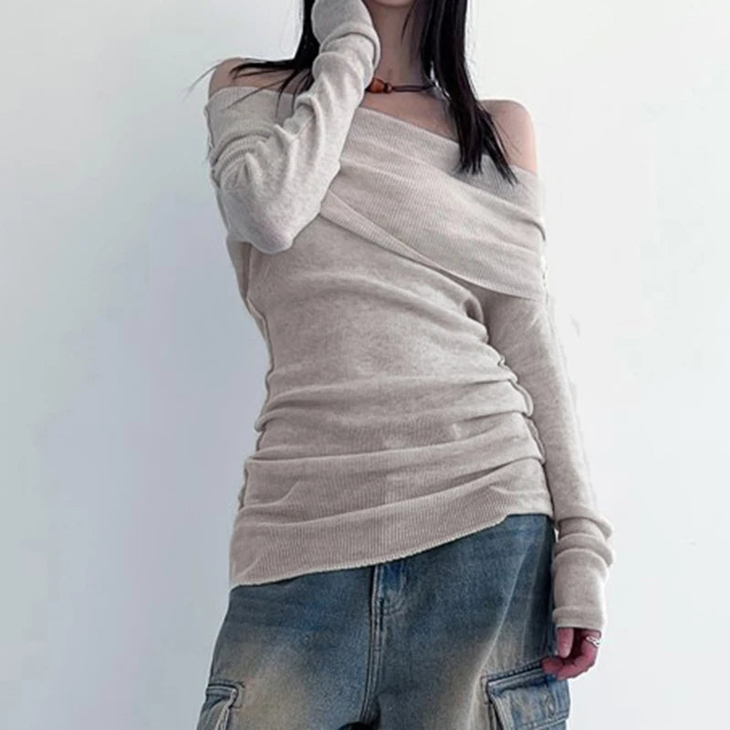 Casual Slash Neck Stitch Female T-shirt Off Shoulder Top Slim Folds Basic Korean Tee Long Sleeve Pullovers Japanese