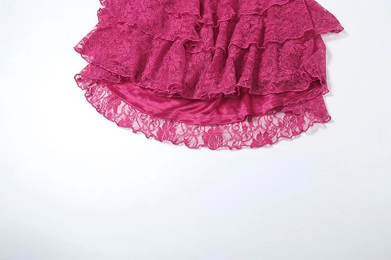 Lace Spaghetti Strap Sexy Mini Dress For Women Fashion Hollow Out Sleeveless Backless High Waist Ruffled Dress Elegant