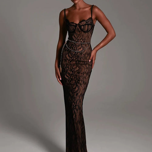 Load image into Gallery viewer, Sexy Lace Print Double Layer Dress For Women Bodycon Backless Metal Heart Pendant Maxi Dress Party Club Evening Dress
