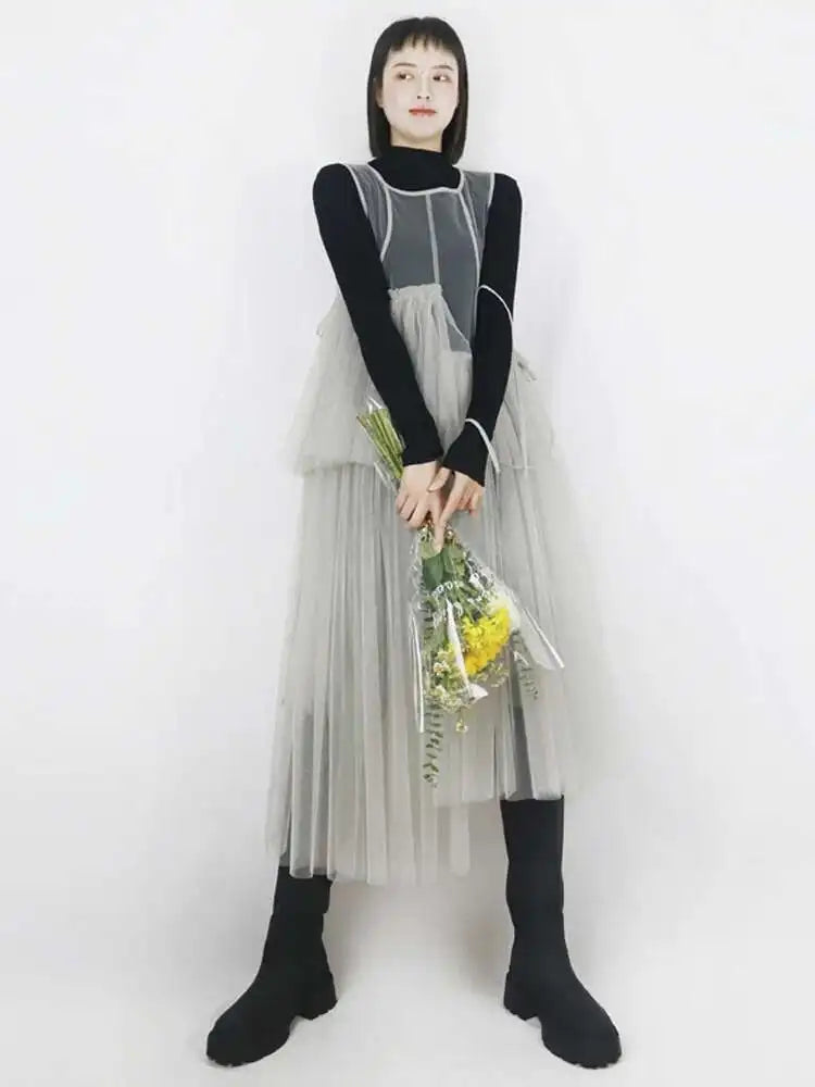 Women Green Mesh Irregular Elegant Dress New Round Neck Sleeveless Loose Fit Fashion Tide Spring Summer 2025 1DF9867