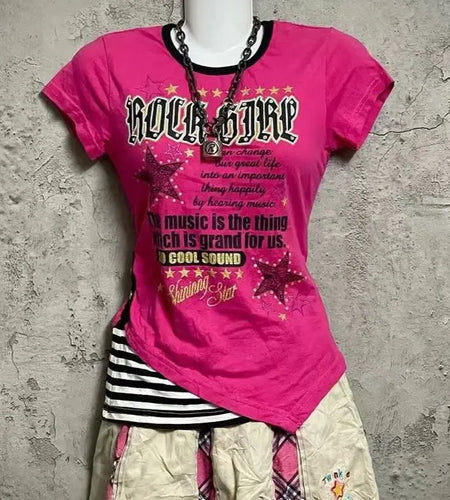 Korean Summer Fake 2 Pieces Casual T-shirt Y2k Aesthetic Irregular Patchwork Top Women Grunge Vintage Letter Print Harajuku Tees