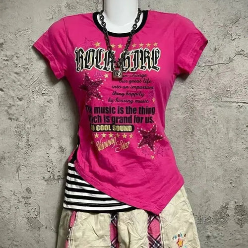 Load image into Gallery viewer, Korean Summer Fake 2 Pieces Casual T-shirt Y2k Aesthetic Irregular Patchwork Top Women Grunge Vintage Letter Print Harajuku Tees
