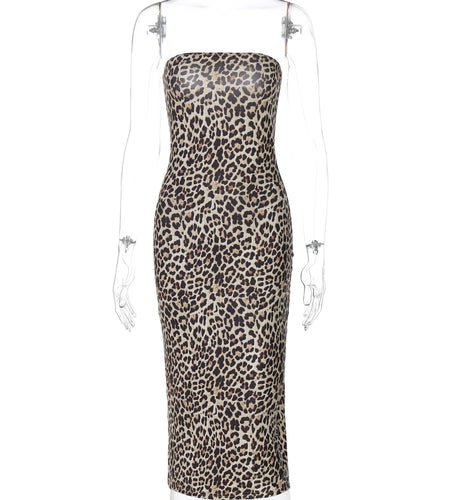 Leopard Print Strapless Slit Elegant Sexy Bodycon Mini Dress Fall Winter Women Fashion Outfits Evening Party Festival