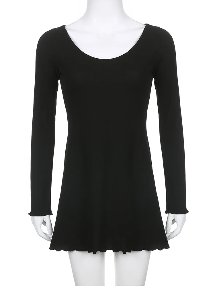 Casual Frill Long Sleeve Black Female Dress Slim Spring Autumn Mini Dresses Basic Fashion Elegant Outfits Korean Chic