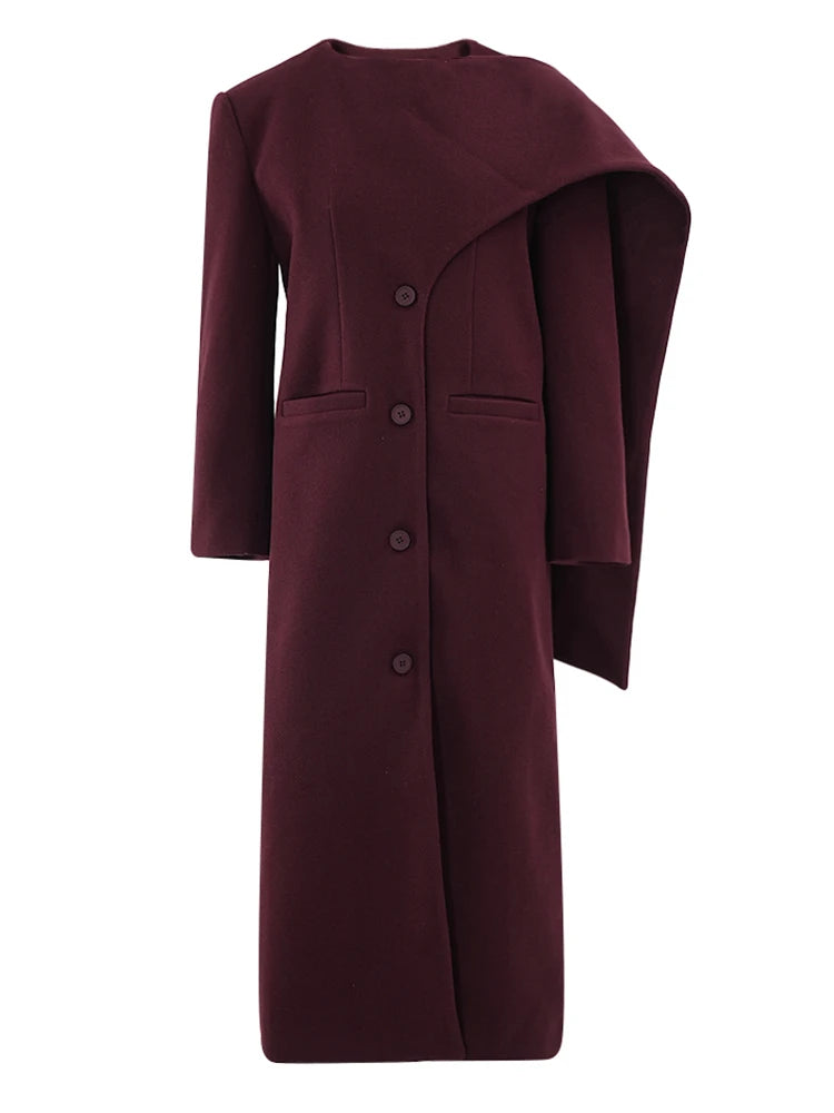Wine Red Thick Big Size Long Woolen Coat New Scarf Collar Long Sleeve Women Jacket Fashion Tide Autumn Winter 2025 CPDB366