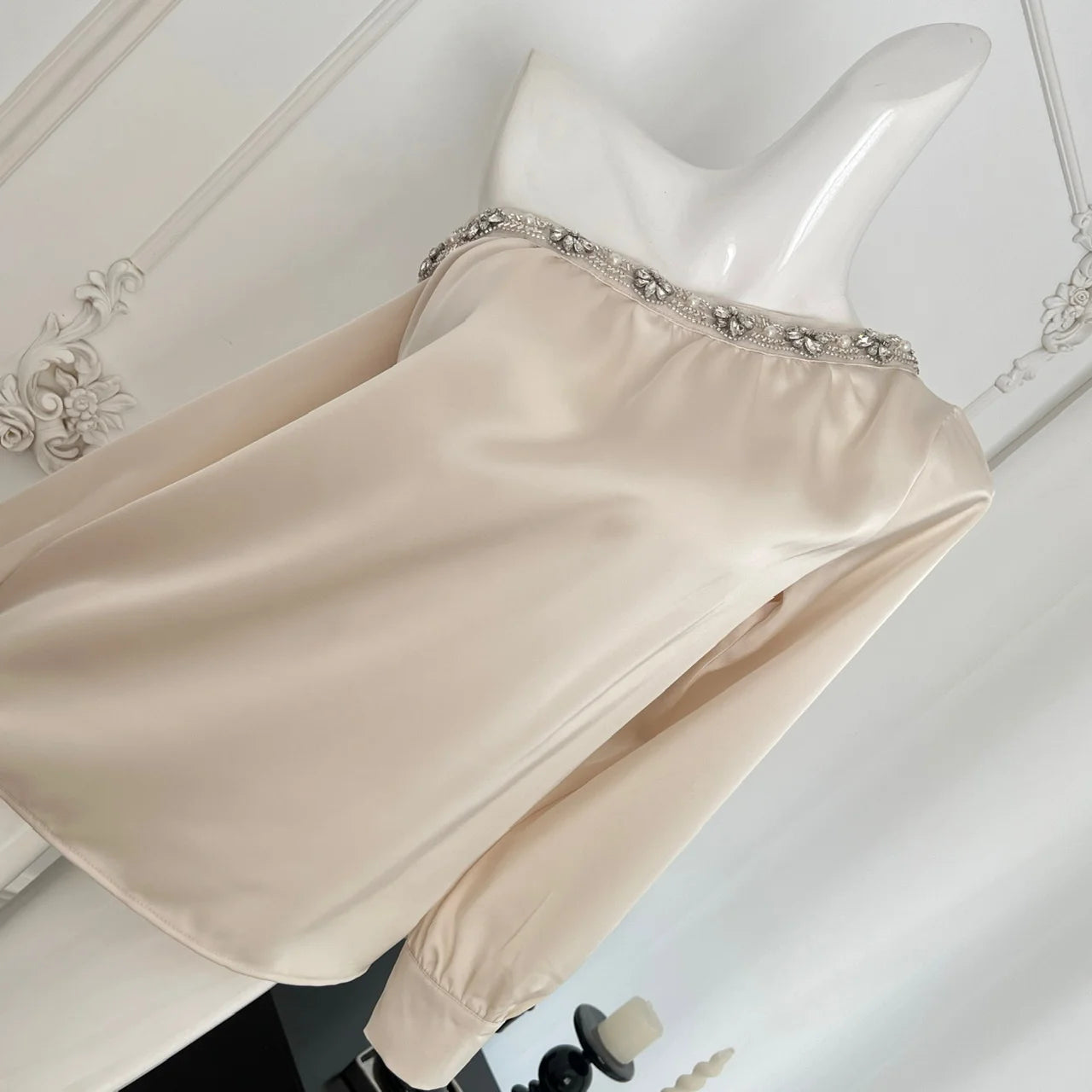 Spring Autumn Fashion Beige Off Shoulder Diamond Long Sleeved Shirt For Women's Temperament Versatile Chic Blouses Festival Tops