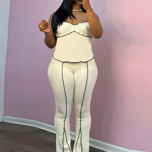 Load image into Gallery viewer, Simple Patchwork Stripe Women 2Piece Set Casual Ruched Edging Camisole+Flare Pants Matching Street Stretch Casual Outfits
