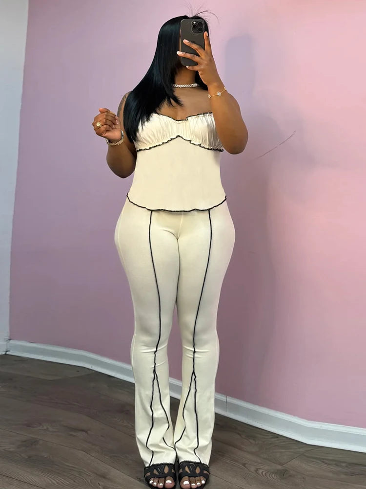 Simple Patchwork Stripe Women 2Piece Set Casual Ruched Edging Camisole+Flare Pants Matching Street Stretch Casual Outfits