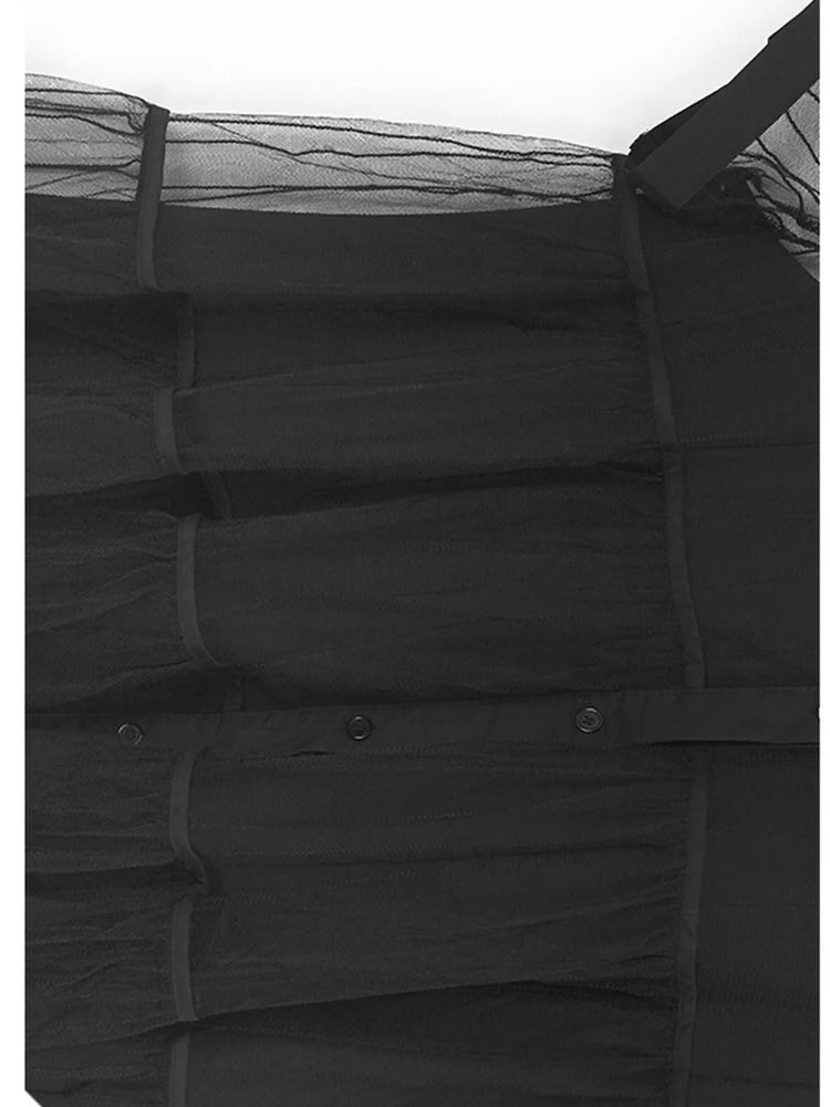 Women Black Mesh Perspective Midi Elegant Shirt Dress New Lapel Short Sleeve Fashion Tide Spring Summer 2025 1DJ0866