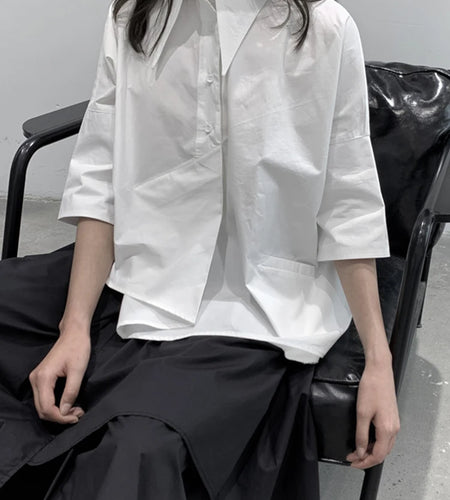 Women White Irregular Hem Big Size Elegant Blouse New Lapel Half Sleeve Shirt Fashion Tide Spring Summer 2025 1DJ1661