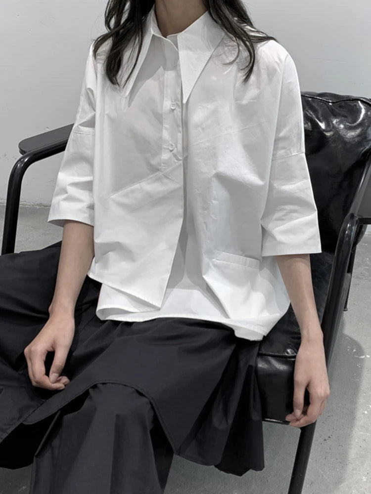 Women White Irregular Hem Big Size Elegant Blouse New Lapel Half Sleeve Shirt Fashion Tide Spring Summer 2025 1DJ1661