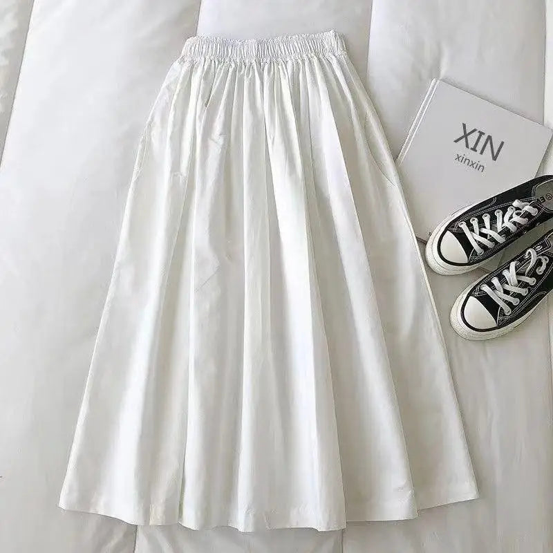 Korean Black White High Waist Vacation Slim Pleated Long Skirt Spring Summe Women Blue Khaki Elegant Workwear A-line Skirt Trend