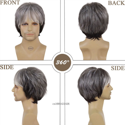 Load image into Gallery viewer, Synthetic Hair Grey Mix Wig with Bangs Short Haircuts Old Male Guys Wigs for Men Natural Grandpa Style Costume Party Halloween
