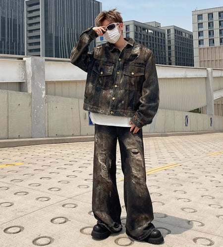 Fashion Men's Denim Two-piece Set Worn-out Male Suit Turn-down Collar Single Breasted Jacket Straight Jeans 9C8911