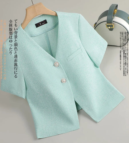 Korean Fashion Women's Solid V Neck Single Breasted Short Sleeve Blazer Coat 2025 Summer Office Lady Festival Tops Popular Trend