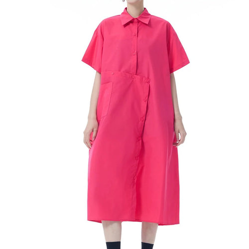 Load image into Gallery viewer, Women Black Irregular Button Big Size Midi Shirt Dress New Lapel Short Sleeve Fashion Tide Spring Summer 2025 1DJ0954
