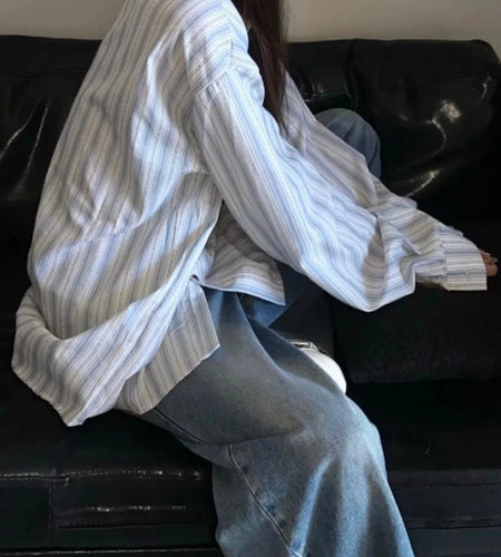 Autumn Japanese Stripe Oversized Women Blouse Y2k Aesthetic Loose Butterfly Embroidery Grunge Blusas Vintage Harajuku Casual Top