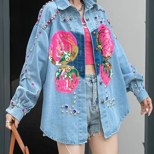 Load image into Gallery viewer, Colorblock Patchwork Diamond Casual Denim Blouses For Women Lapel Long Sleeve Spliced Single Breasted Blouse Female

