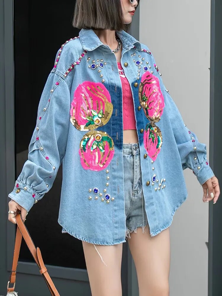 Colorblock Patchwork Diamond Casual Denim Blouses For Women Lapel Long Sleeve Spliced Single Breasted Blouse Female