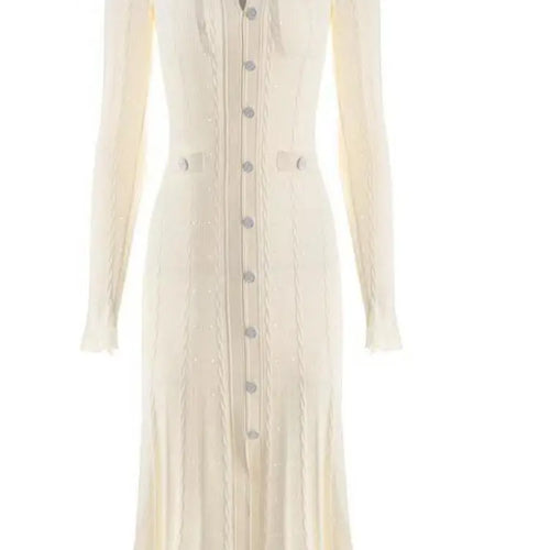 Load image into Gallery viewer, French Fashion Women Black Long Sleeve Round Neck Knitted Dress 2024 Autumn Winter New Beige Single Breasted Holiday Dress Trend
